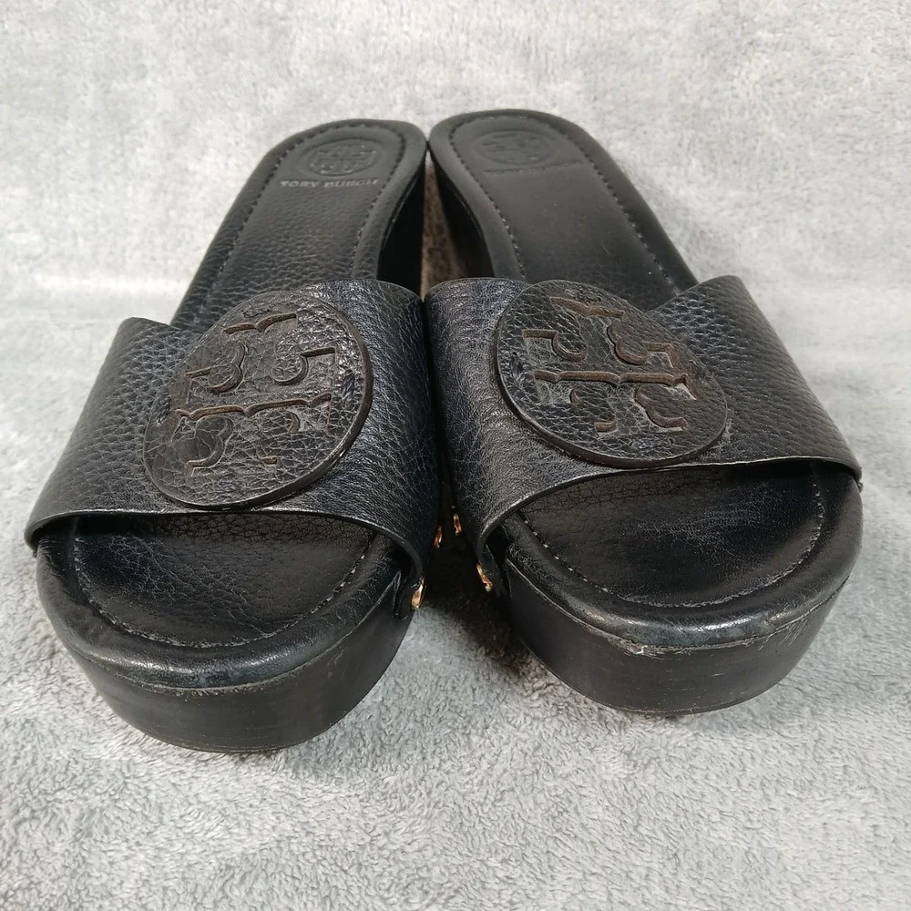 Tory Burch Wedge Sandals Womens 8M Miller Studded Clog Black Pebbled Leather